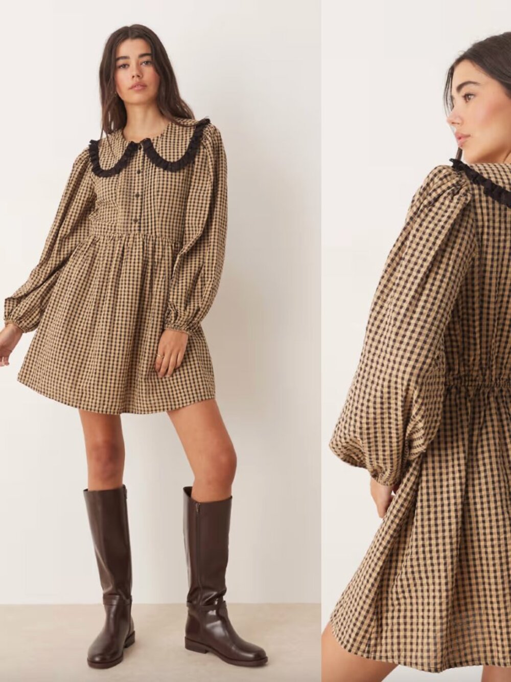 Miss Selfridge ASOS Brown Check Long Sleeve Collared Tea Dress